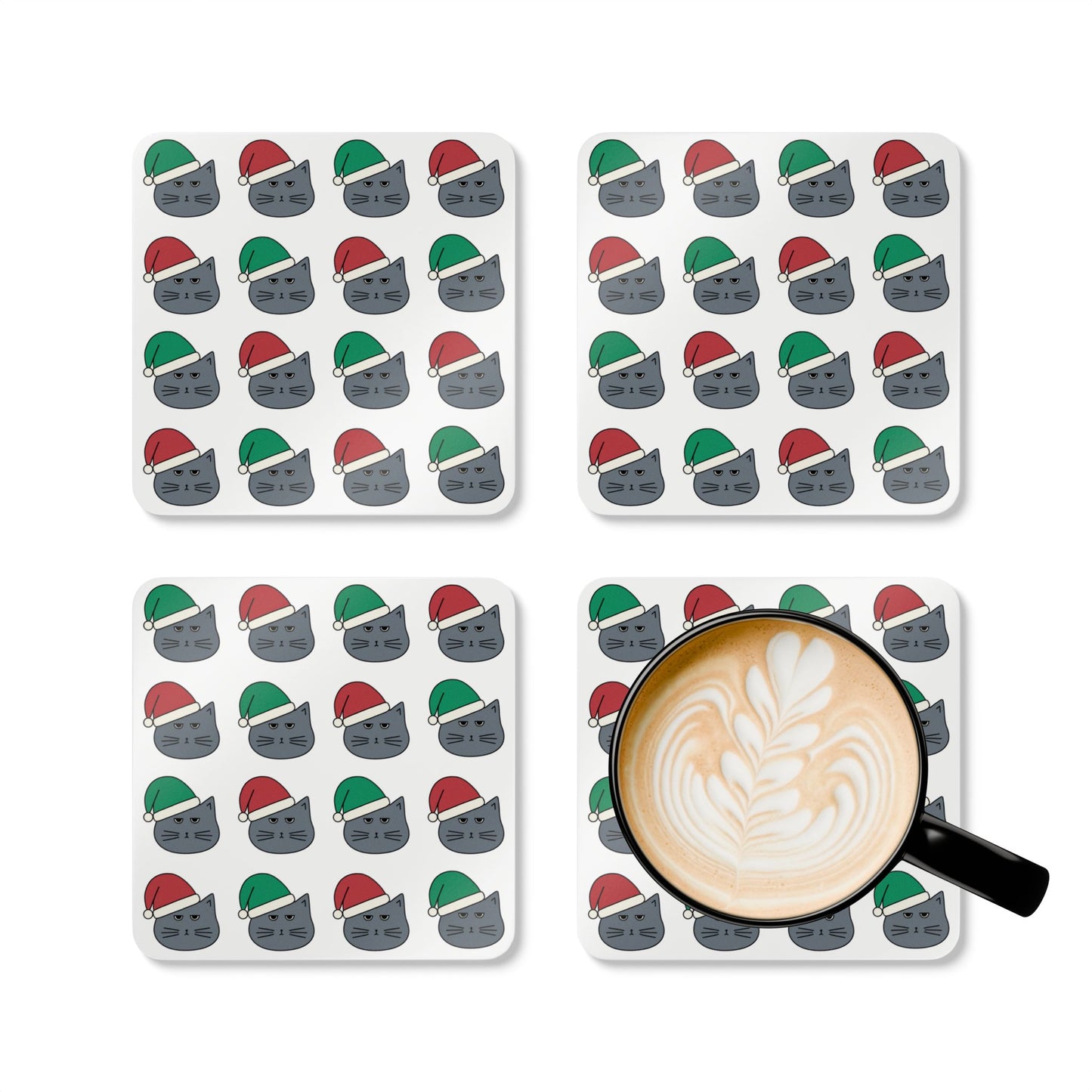 Christmas Cat Coaster Set - Grumpy Holiday Cats in Santa Hats