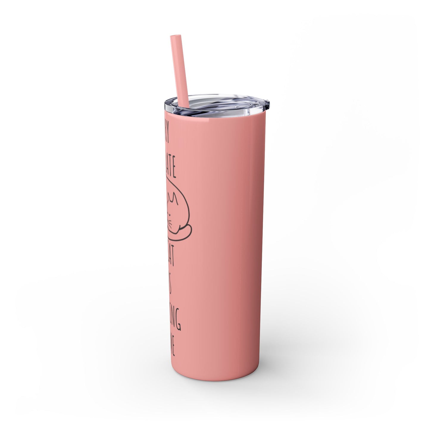 Sorry I'm Late My Cat Was Sleeping On Me - Glitter Pink Cat Water Bottle with Straw - 20oz Skinny Tumbler