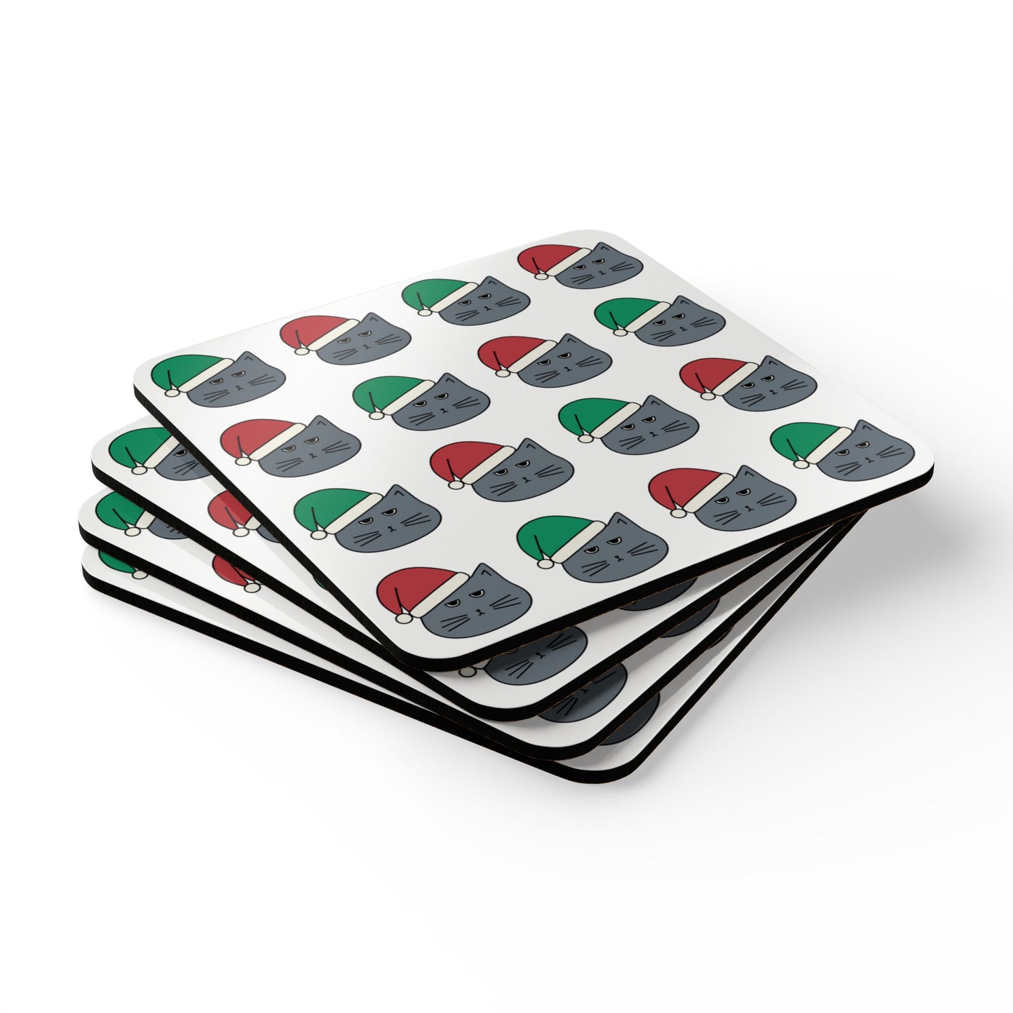 Christmas Cat Coaster Set - Grumpy Holiday Cats in Santa Hats