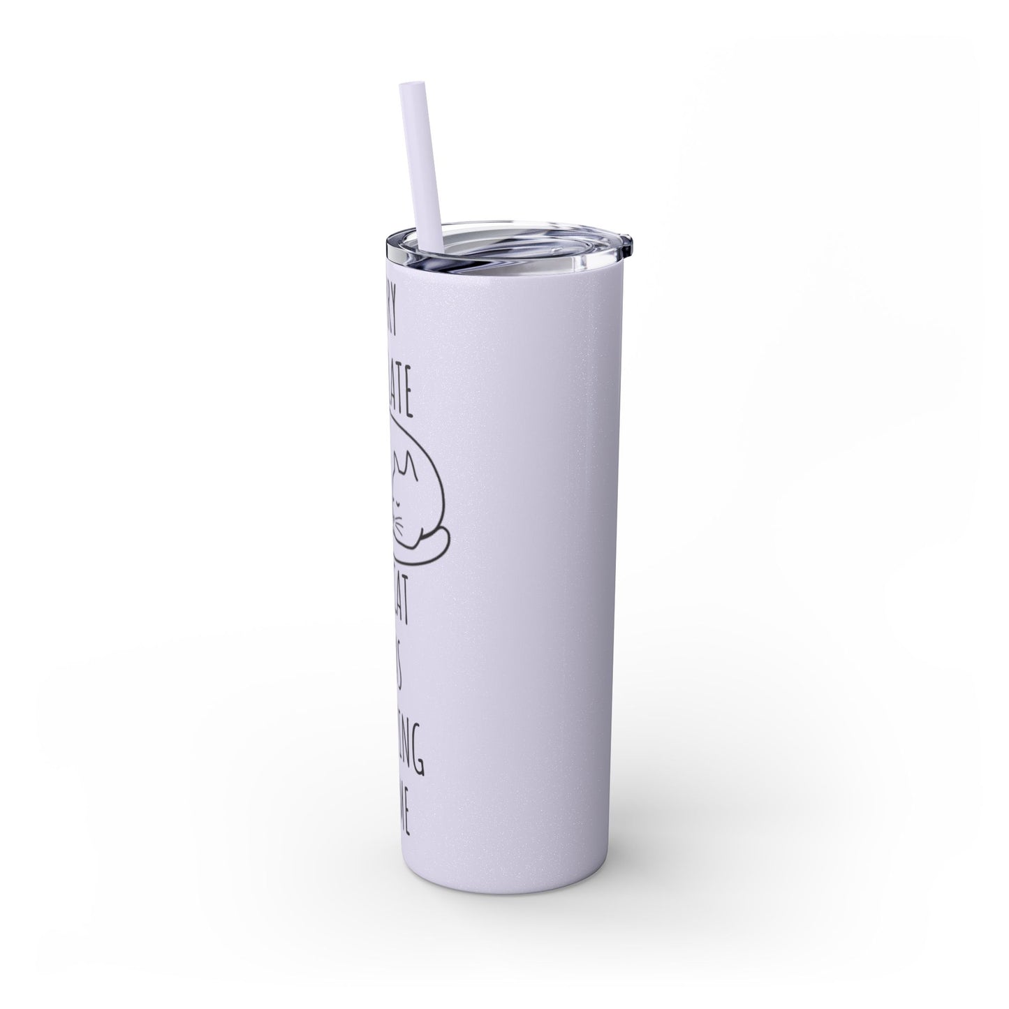 Sorry I'm Late My Cat Was Sleeping On Me - Glitter Pink Cat Water Bottle with Straw - 20oz Skinny Tumbler