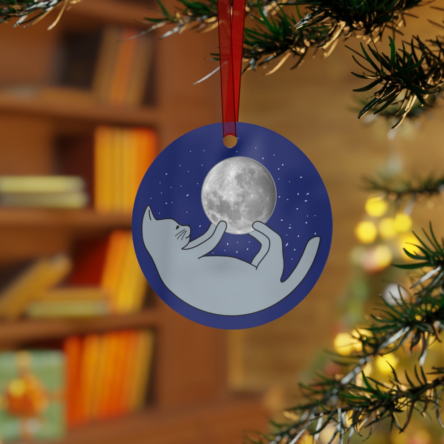 Cat and Moon Metal Ornament - Cat Christmas Ornament