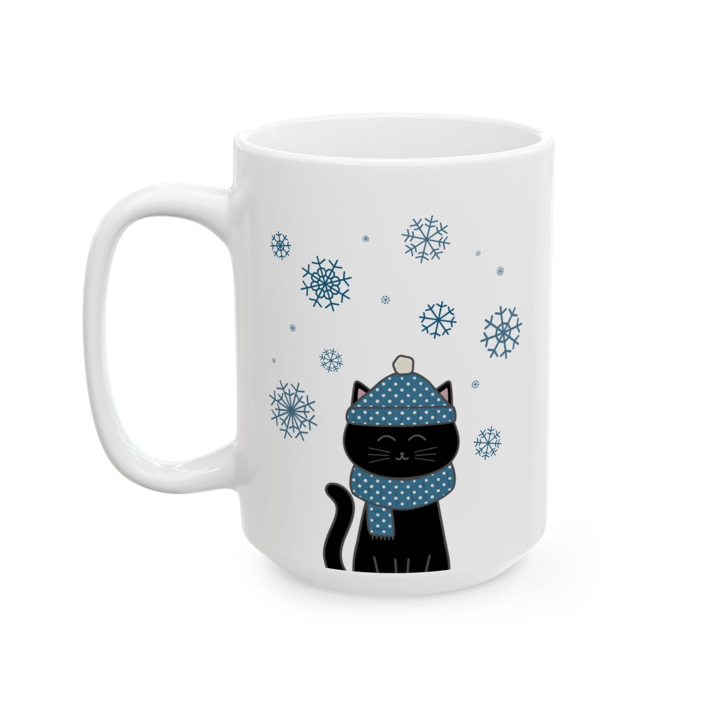 Winter Black Cat Mug - Black Cat with Snowflakes