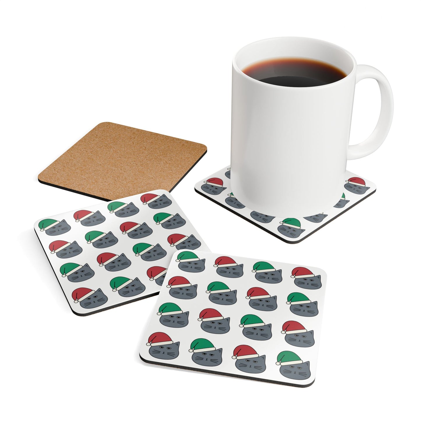 Christmas Cat Coaster Set - Grumpy Holiday Cats in Santa Hats