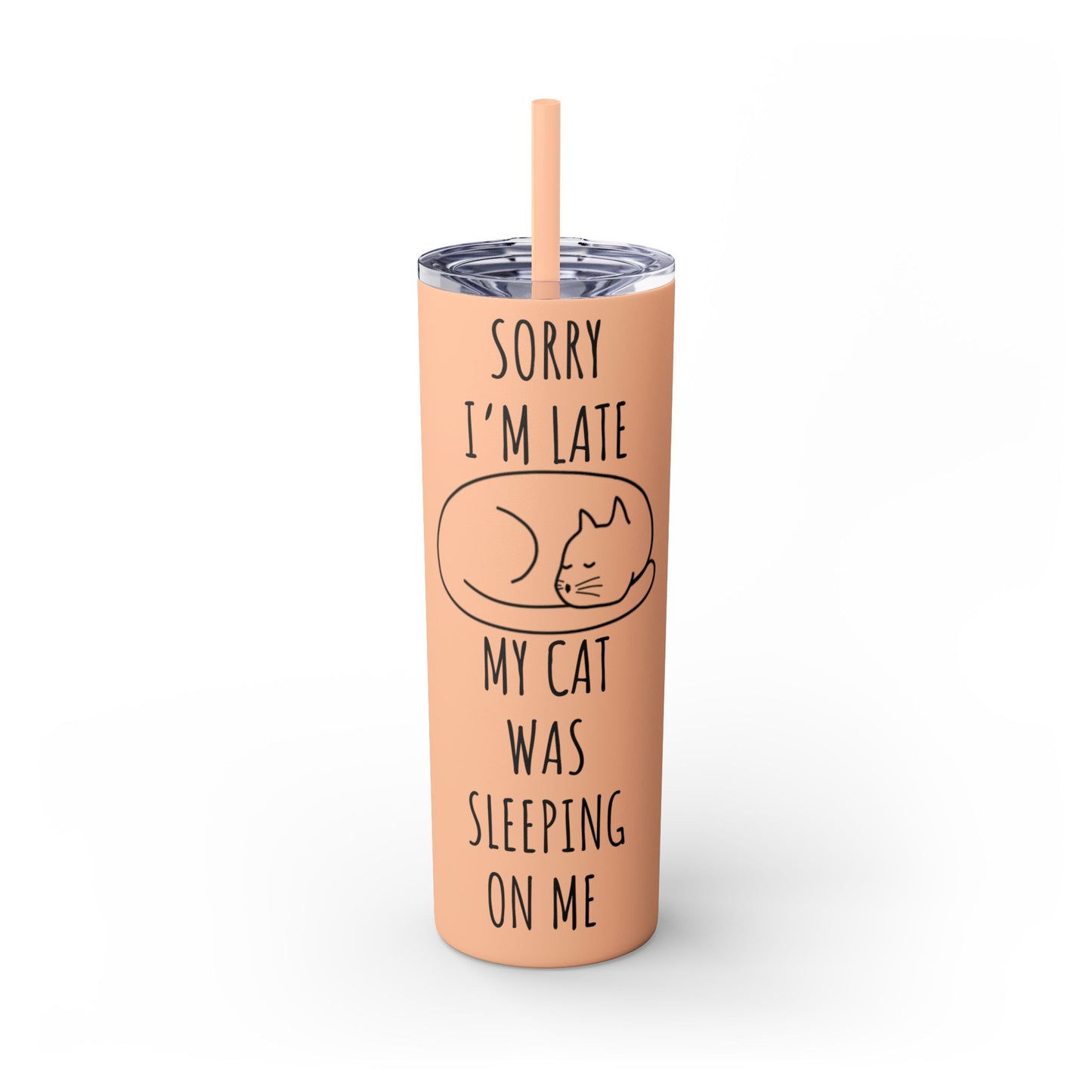 Sorry I'm Late My Cat Was Sleeping On Me - Glitter Pink Cat Water Bottle with Straw - 20oz Skinny Tumbler