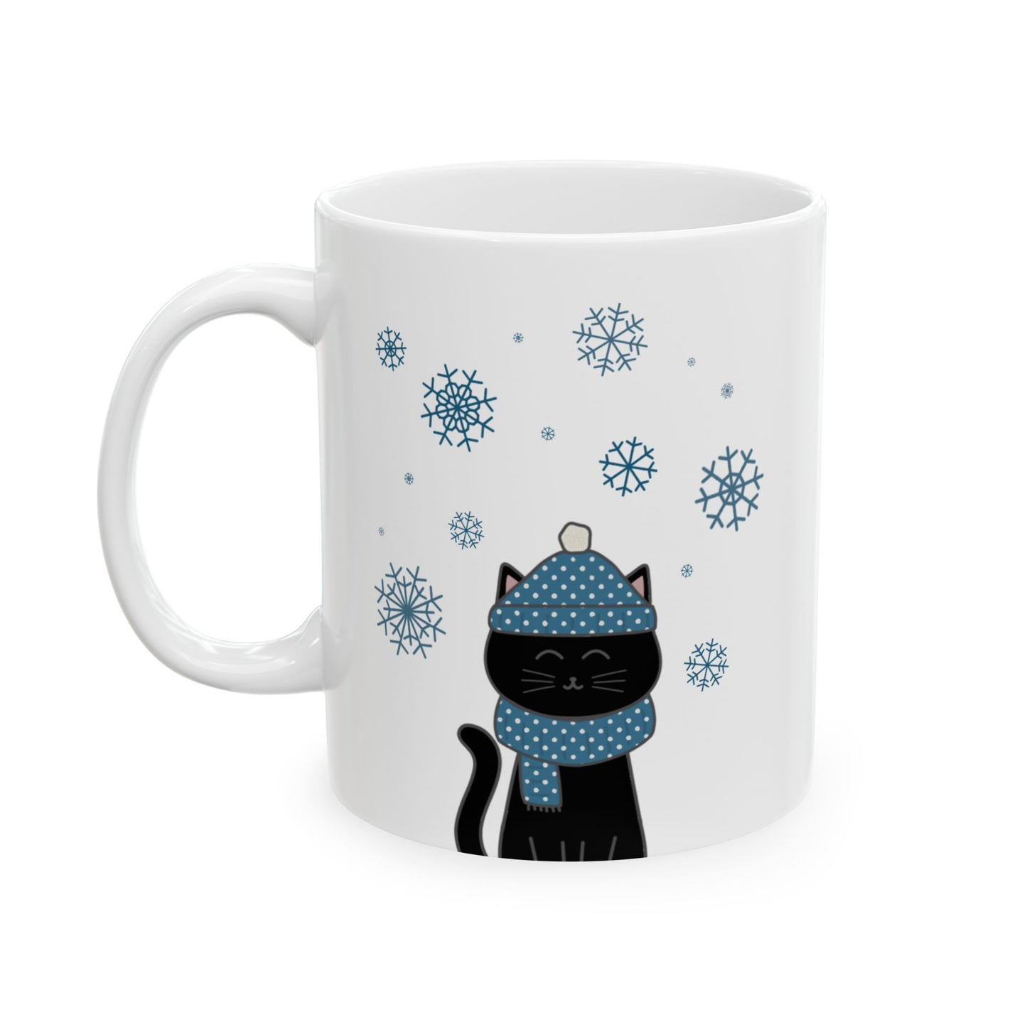 Winter Black Cat Mug - Black Cat with Snowflakes