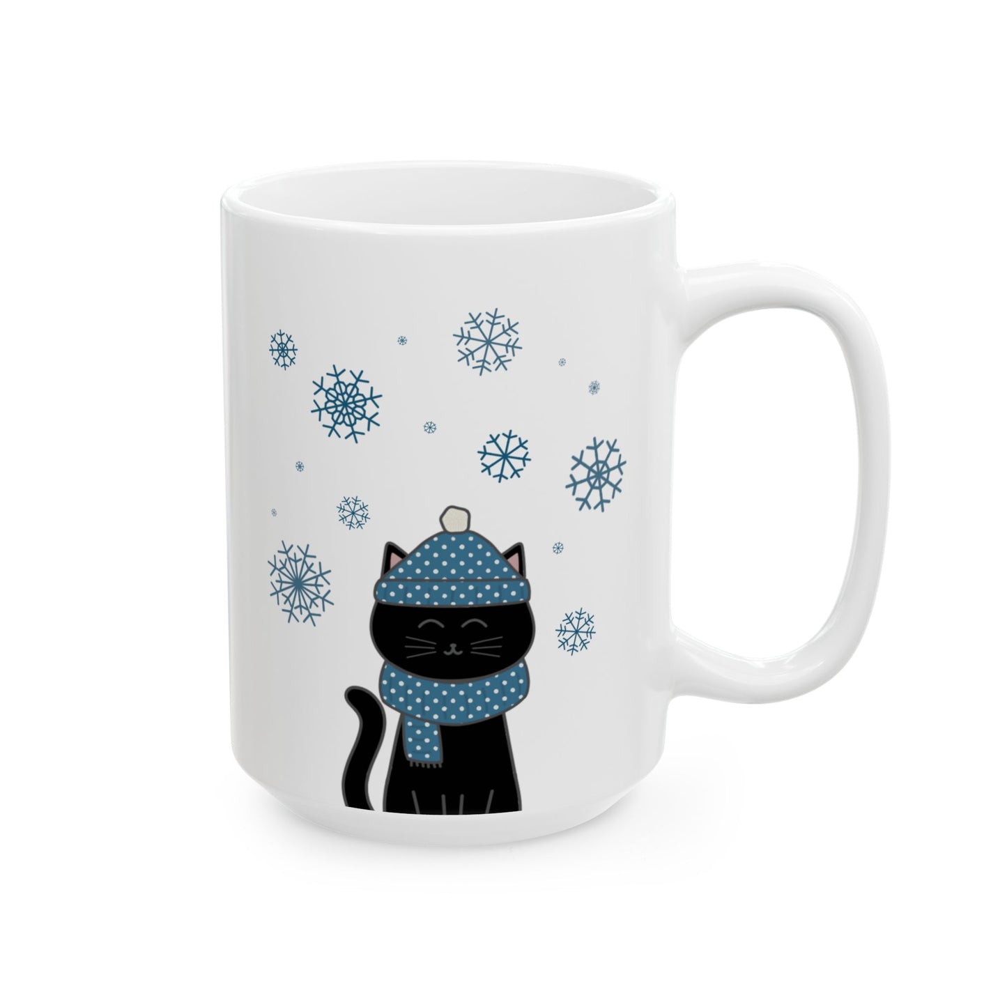 Winter Black Cat Mug - Black Cat with Snowflakes