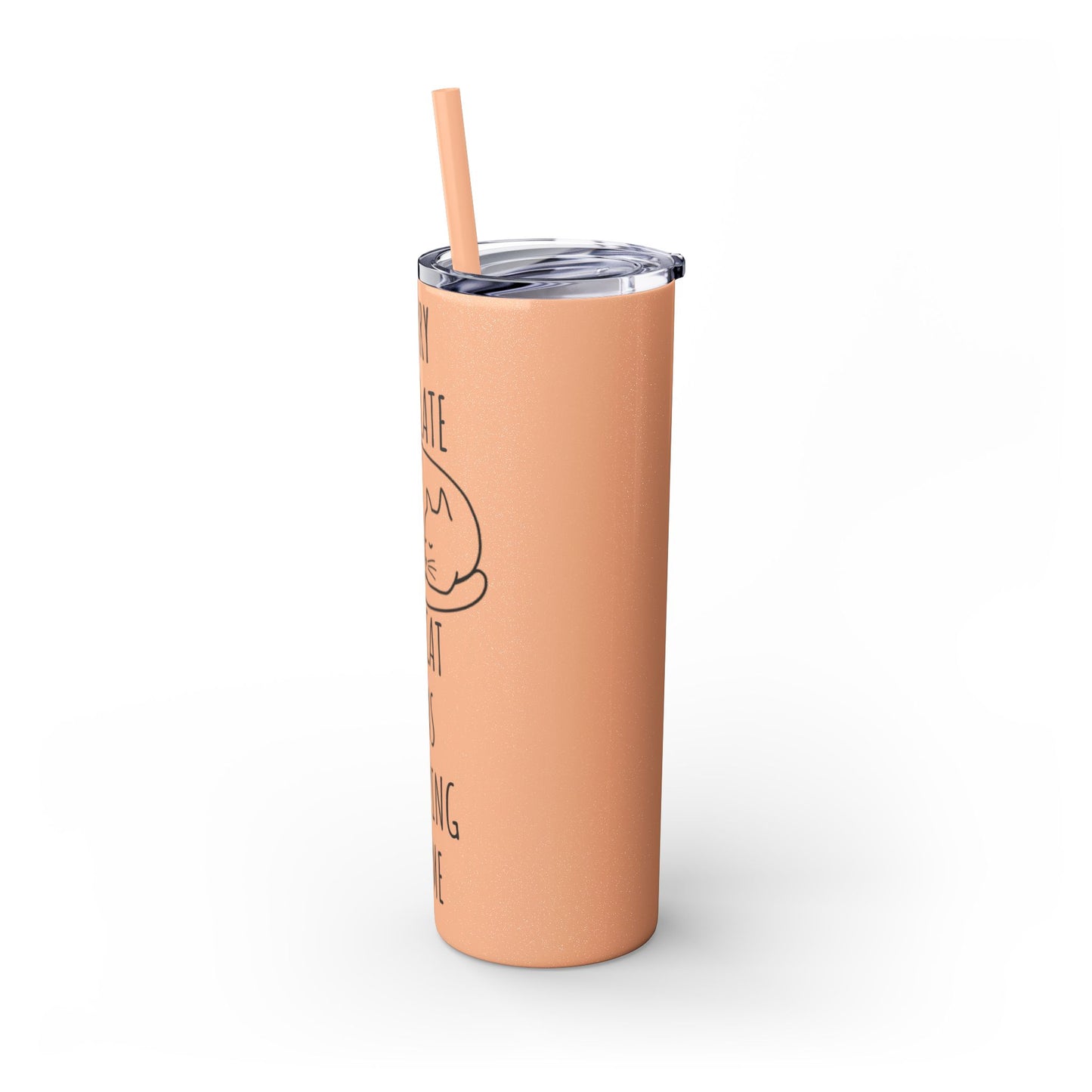 Sorry I'm Late My Cat Was Sleeping On Me - Glitter Pink Cat Water Bottle with Straw - 20oz Skinny Tumbler