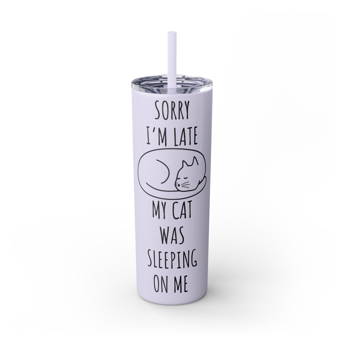 Sorry I'm Late My Cat Was Sleeping On Me - Glitter Pink Cat Water Bottle with Straw - 20oz Skinny Tumbler