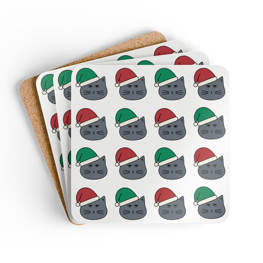 Christmas Cat Coaster Set - Grumpy Holiday Cats in Santa Hats