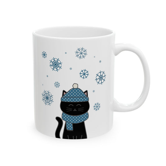 Winter Black Cat Mug - Black Cat with Snowflakes